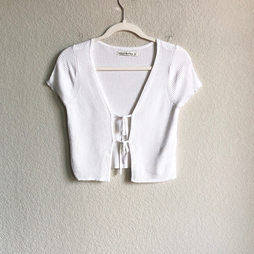 Abercrombie and Fitch Ribbed Tie Front Short Sleeve Top White XS